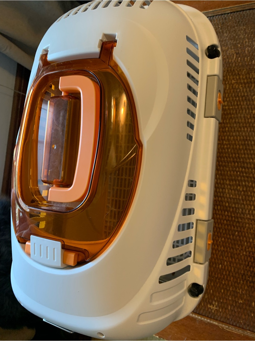 White Pet Carrier with Orange Translucent Top and Peach Handle